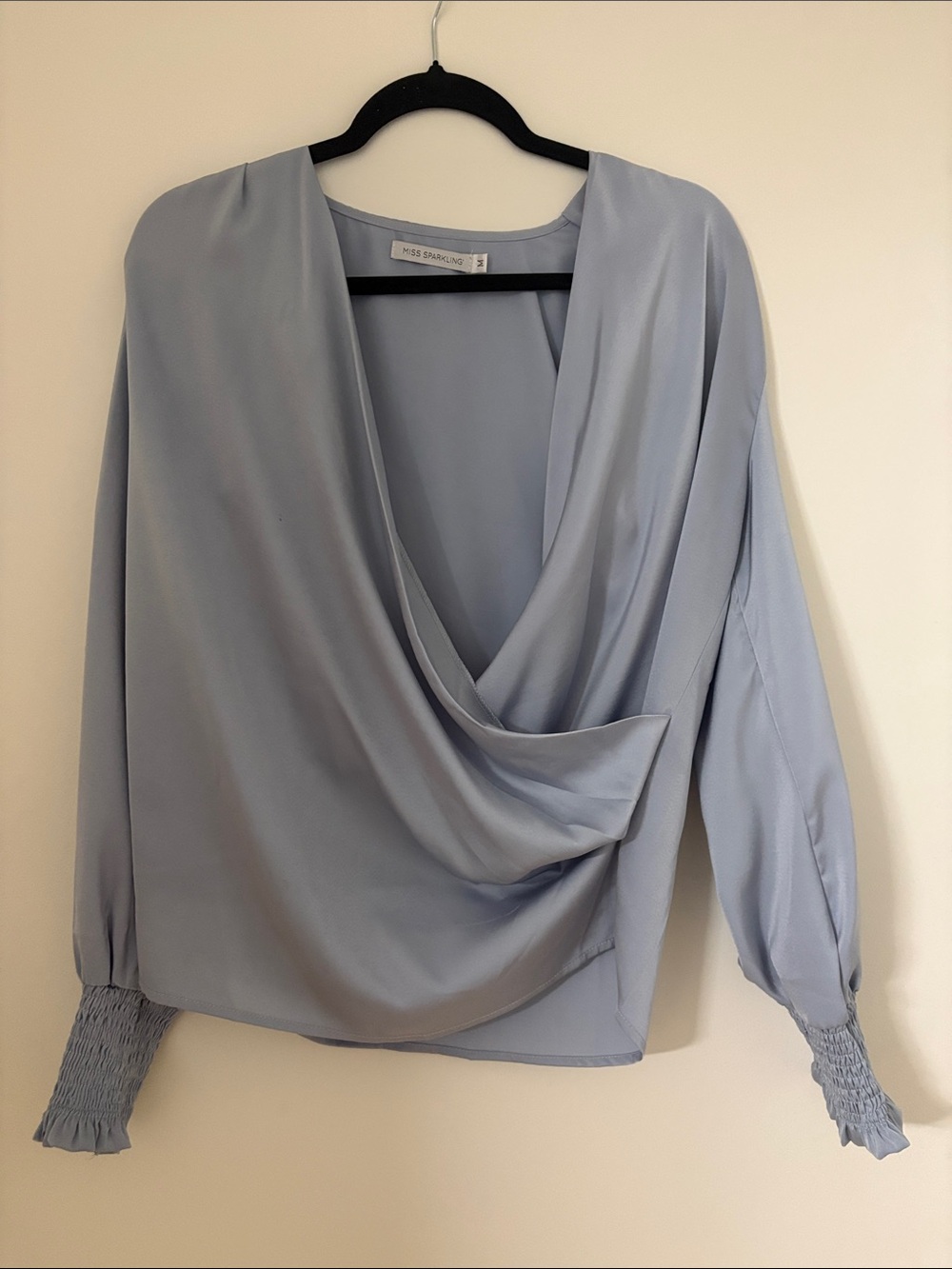 Miss Sparkling Pale Blue Draped Wrap Blouse